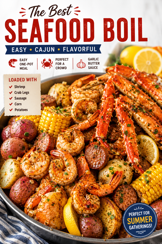 Make the ultimate Southern seafood boil with shrimp, crab legs, smoked sausage, corn, potatoes, and a rich Cajun garlic butter sauce. Perfect for family gatherings and summer cookouts.