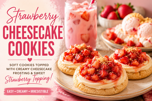 These Strawberry Cheesecake Cookies feature soft vanilla cookies topped with creamy cheesecake frosting and sweet strawberry topping. 