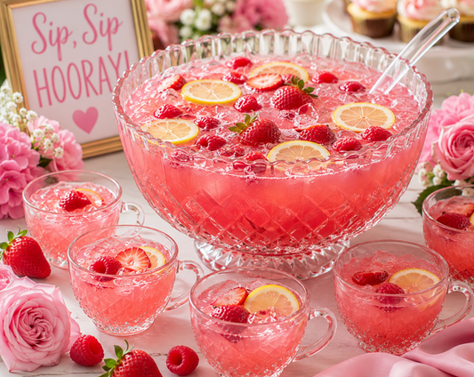 Strawberry Lemonade Party Punch with Lemon Slices and Strawberries