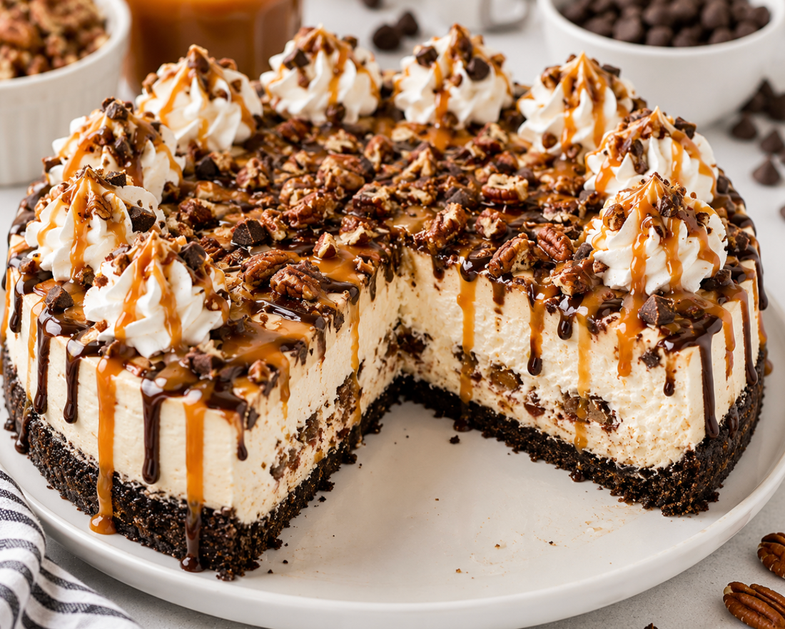 No-Bake Turtle Cheesecake Recipe (Caramel Chocolate Pecan Dessert)