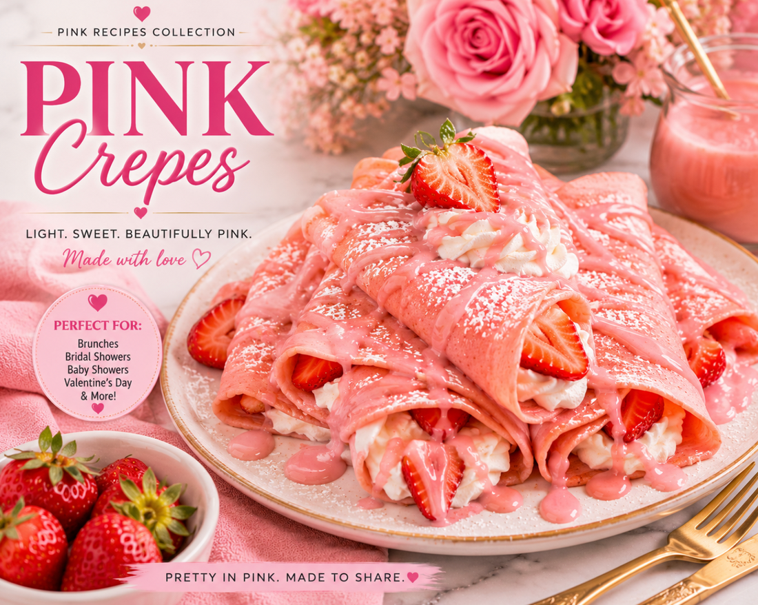 These Pink Crepes are naturally colored with beet juice and filled with whipped cream and strawberries. Perfect for brunch, bridal showers, baby showers, and Valentine's Day.