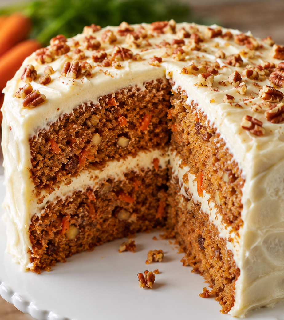 Homemade carrot cake with cream cheese frosting and chopped pecans on top