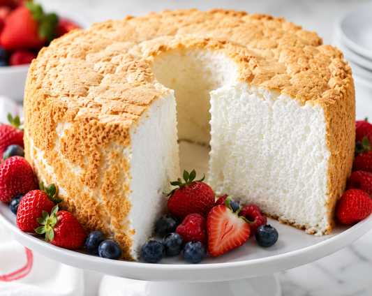 Homemade angel food cake with fluffy white interior and fresh berries