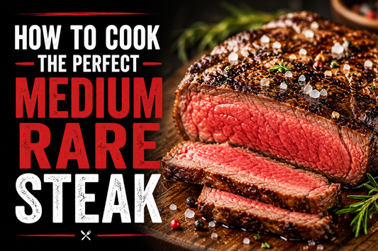 Medium rare ribeye steak sliced open showing a warm red center and coarse sea salt