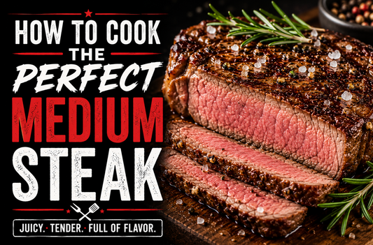 Medium steak sliced open showing a warm pink center with coarse salt and rosemary