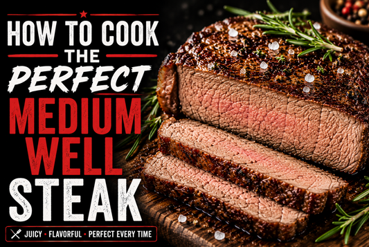 Medium well steak sliced open showing a slight pink center with sea salt and rosemary garnish