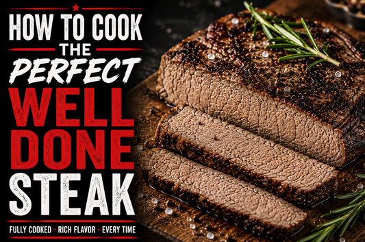 Well done ribeye steak sliced open showing a fully cooked brown center with rosemary and sea salt