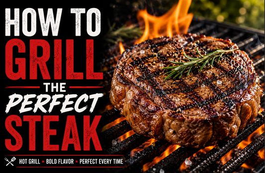 Grilled ribeye steak with grill marks cooking over flames on an outdoor grill