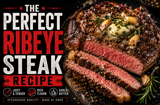 Juicy ribeye steak sliced open with garlic butter, sea salt, and rosemary garnish