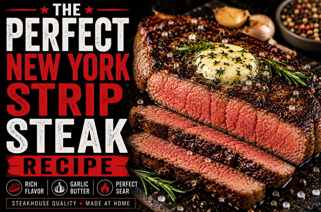 Juicy New York strip steak sliced open with garlic butter and rosemary garnish