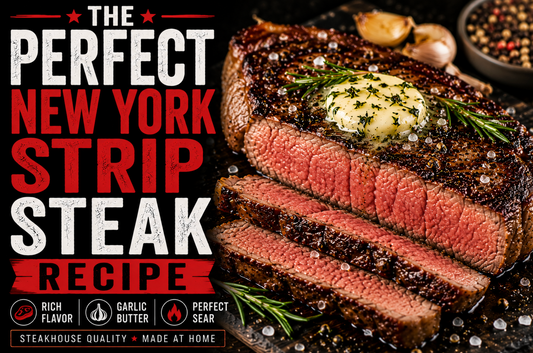 Juicy New York strip steak sliced open with garlic butter and rosemary garnish