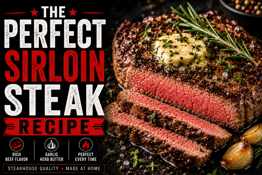 Juicy sirloin steak sliced open with garlic herb butter and rosemary garnish