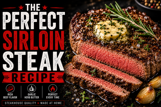 Juicy sirloin steak sliced open with garlic herb butter and rosemary garnish