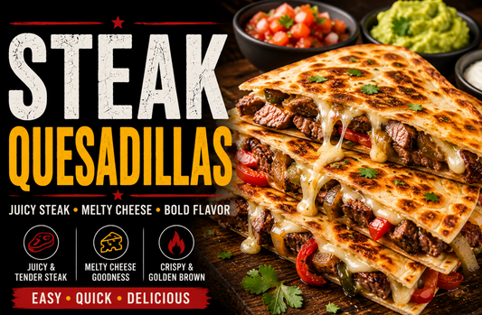Golden crispy steak quesadillas filled with melted cheese, peppers, onions, and sliced steak