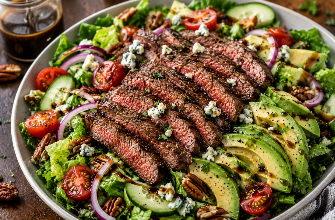 This Steak Salad Recipe is loaded with juicy sliced steak, crisp lettuce, creamy avocado, fresh vegetables, blue cheese, and a flavorful homemade balsamic dressing. 
