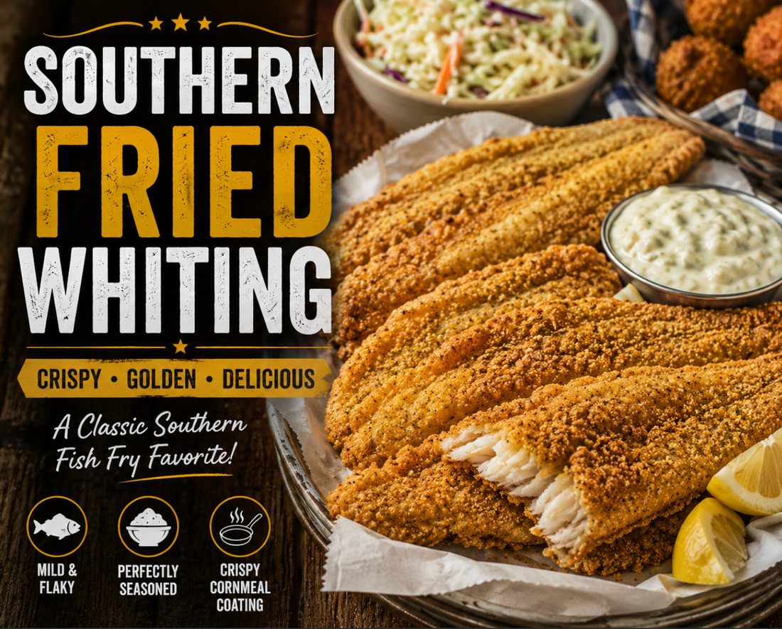 Crispy Southern fried whiting fish with lemon wedges and tartar sauce
