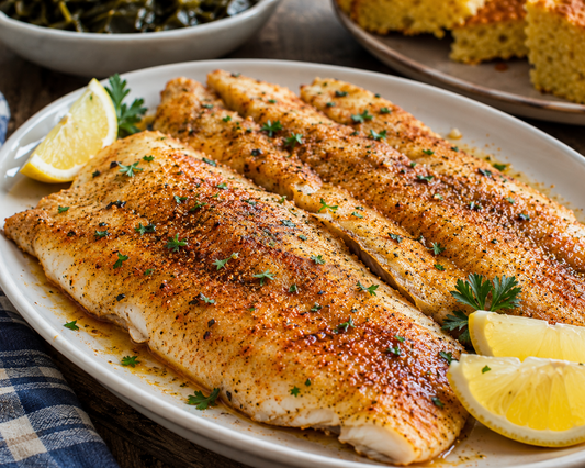Southern baked catfish fillets with lemon wedges and fresh parsley garnish