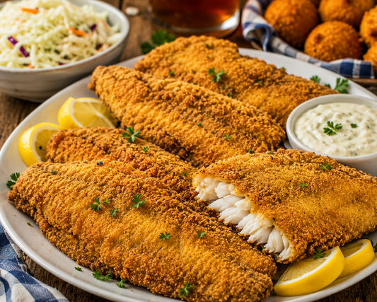 image of crispy fried catfish on top of yellow lemon slices with a cup of tartar sauce, coleslaw and hush puppies on the side. click for recipe