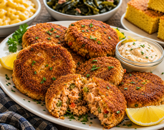 crispy salmon croqueets on a plate with lemon slices and a cup of tartar sauce