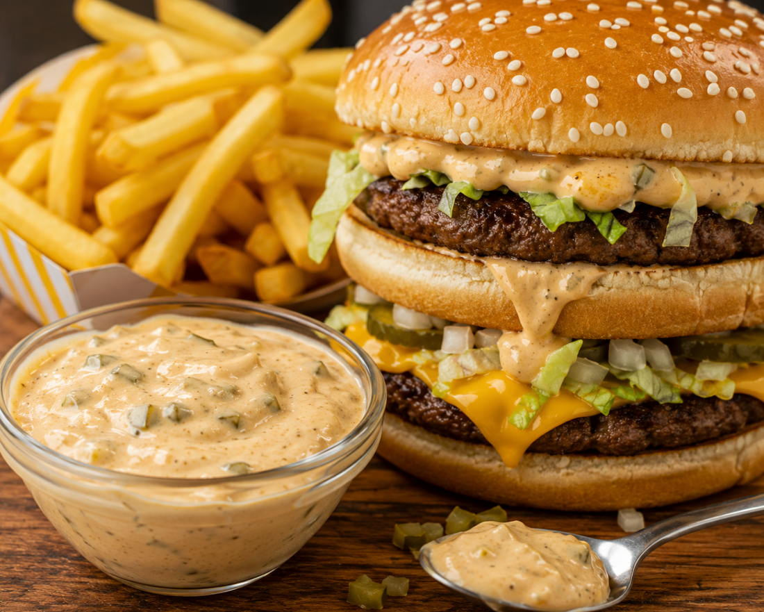 Creamy Big Mac sauce in a small glass bowl with visible pickle relish and spices, giant cheeseburger with lettuce, cheese, onions and sauce dripping down the sides, golden french fries nearby, McDonald's-inspired fast food aesthetic