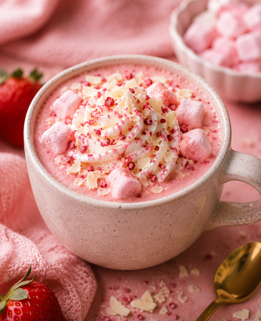 This Pink Hot Chocolate is rich, creamy, and naturally pink with strawberries and beet powder. The perfect cozy drink for Valentine's Day, baby showers, birthdays, and chilly evenings.