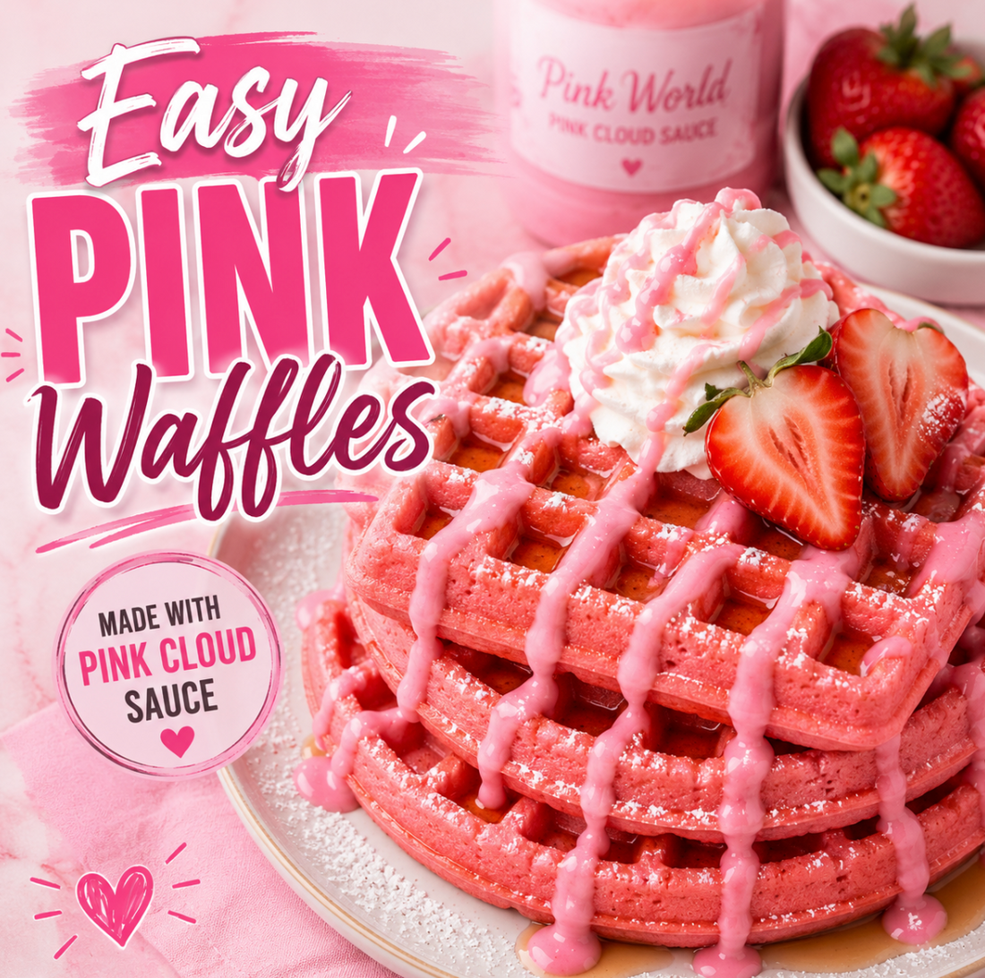 Pink Waffles Recipe with Pink Cloud Dessert Sauce and a dollop of whip cream (Easy Strawberry Pink Waffles)