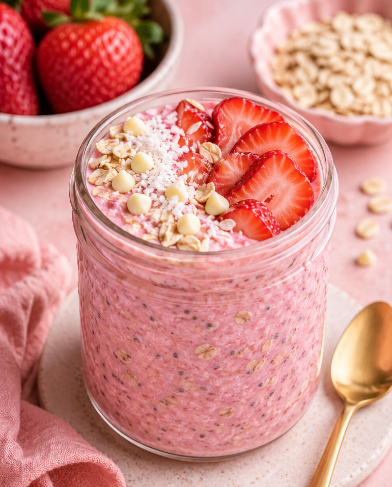 Pink Overnight Oats Recipe (Healthy Strawberry Overnight Oats)