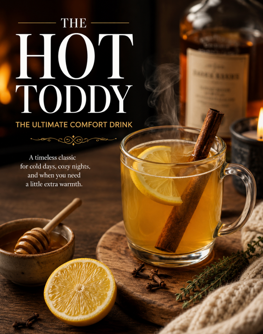 Classic hot toddy recipe with whiskey, honey, lemon and cinnamon