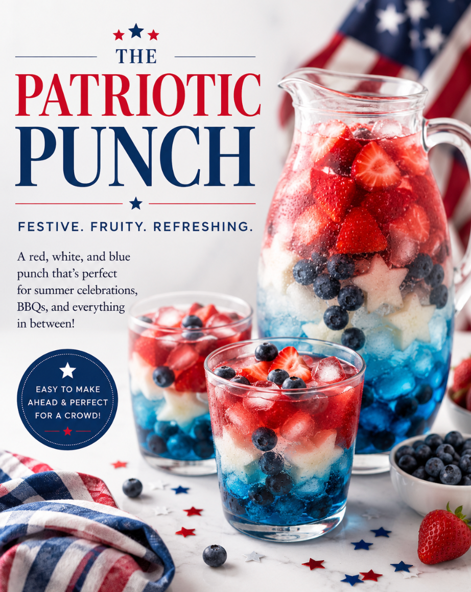 This Patriotic Punch is a colorful red, white, and blue drink perfect for Fourth of July parties, Memorial Day cookouts, Labor Day celebrations, and summer gatherings.