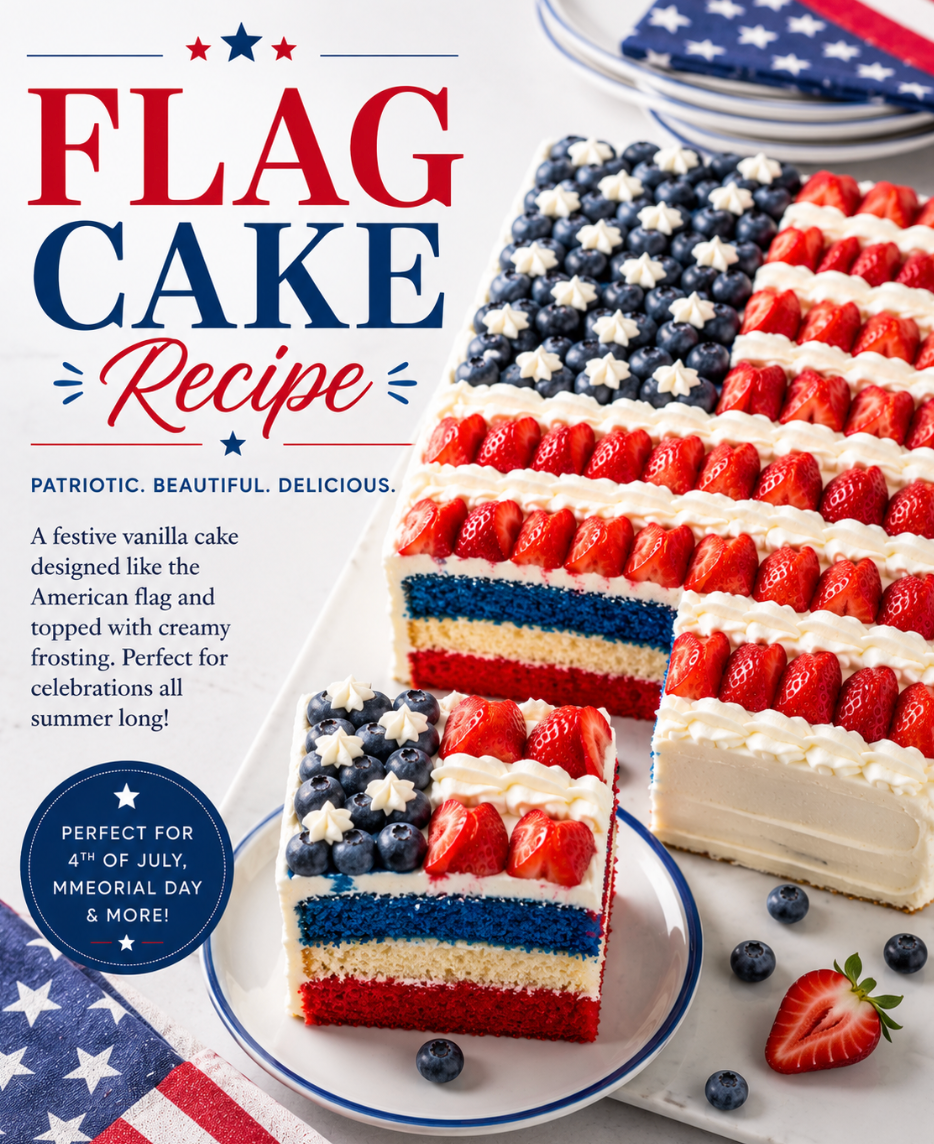 This patriotic dessert features a soft vanilla sheet cake topped with fluffy whipped cream, juicy blueberries, and fresh strawberries arranged to resemble the American flag.