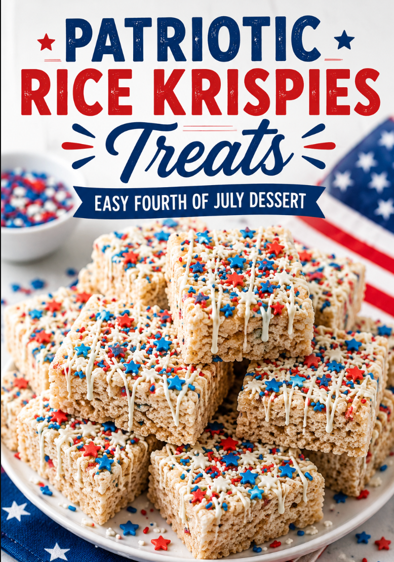 Make festive Patriotic Rice Krispie Treats with marshmallows, white chocolate, and red, white, and blue sprinkles. The perfect easy no bake Fourth of July dessert recipe.