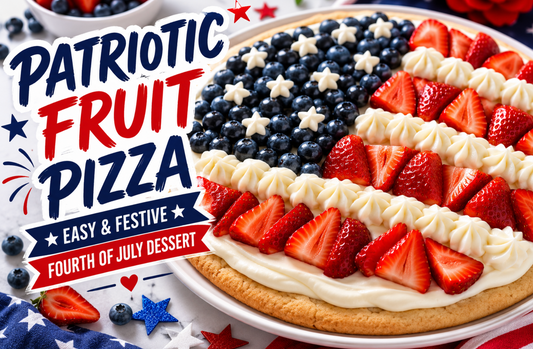 This patriotic fruit pizza recipe features a soft sugar cookie crust, cream cheese frosting, and fresh berries for the perfect Fourth of July dessert.