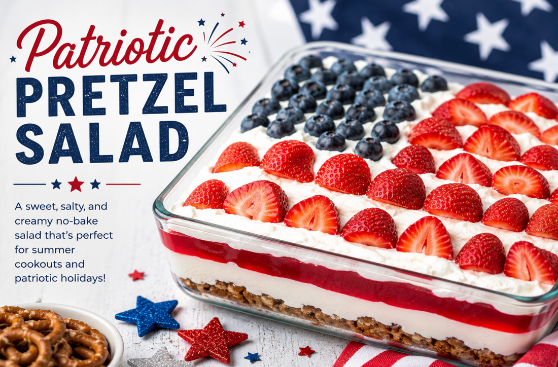 This Red White and Blue Pretzel Salad features a buttery pretzel crust, creamy cheesecake filling, and fresh berries for the perfect Fourth of July dessert.