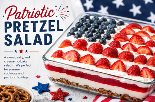 This Red White and Blue Pretzel Salad features a buttery pretzel crust, creamy cheesecake filling, and fresh berries for the perfect Fourth of July dessert.