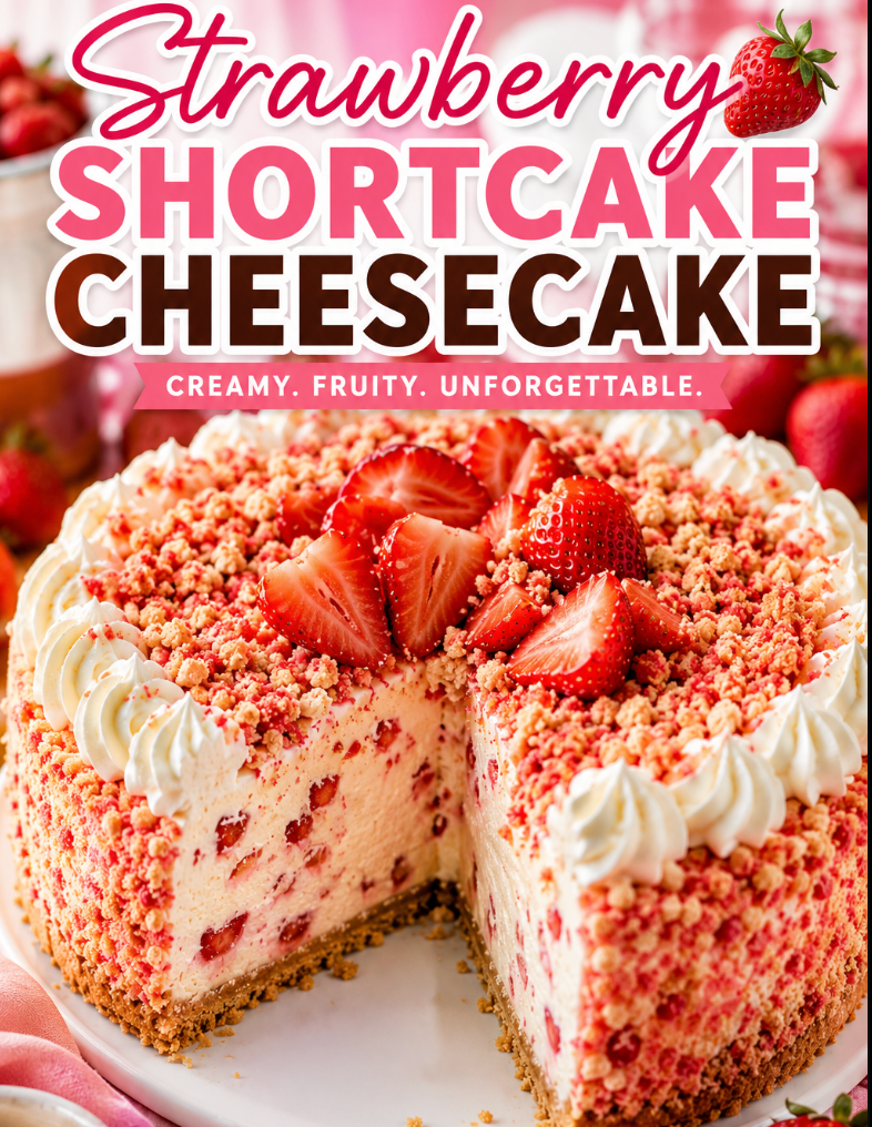 This easy strawberry shortcake cheesecake combines creamy cheesecake, fresh strawberries, Golden Oreos, and a crunchy strawberry crumble topping for the ultimate dessert.