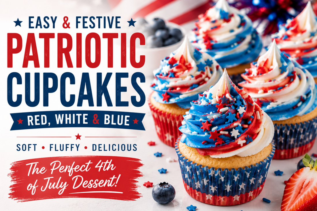 These easy Patriotic Cupcakes feature fluffy vanilla cake, red white and blue frosting, and festive sprinkles. The perfect Fourth of July dessert recipe.