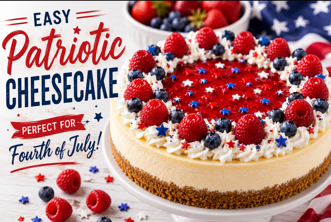 This Red White and Blue Cheesecake is a creamy patriotic dessert topped with fresh strawberries and blueberries. Perfect for Fourth of July parties, Memorial Day cookouts, and summer celebrations.