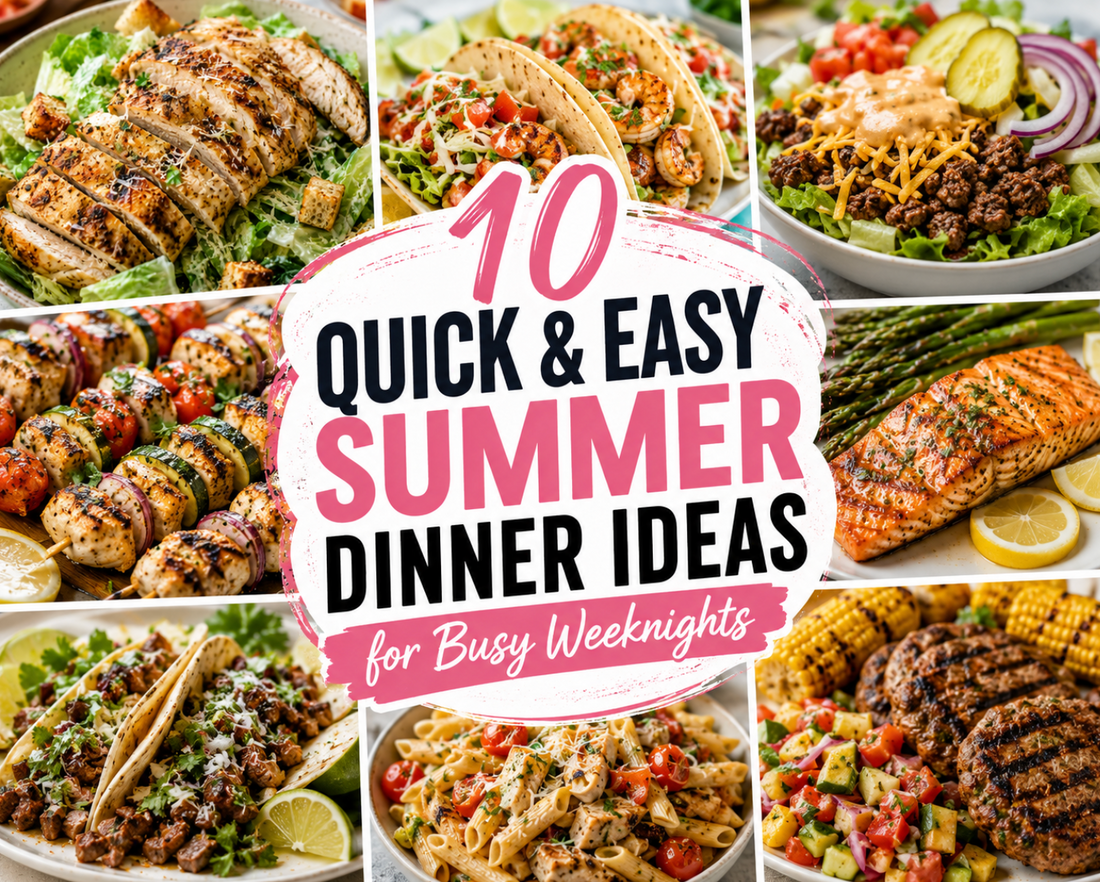 Looking for quick summer dinners? These 10 easy summer dinner ideas include burgers, steak salads, shrimp tacos, foil pack meals, wraps, and other family-friendly recipes ready in 30 minutes or less.