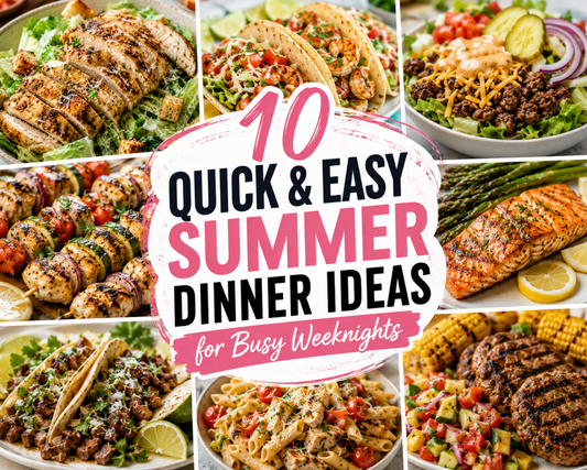 Looking for quick summer dinners? These 10 easy summer dinner ideas include burgers, steak salads, shrimp tacos, foil pack meals, wraps, and other family-friendly recipes ready in 30 minutes or less.