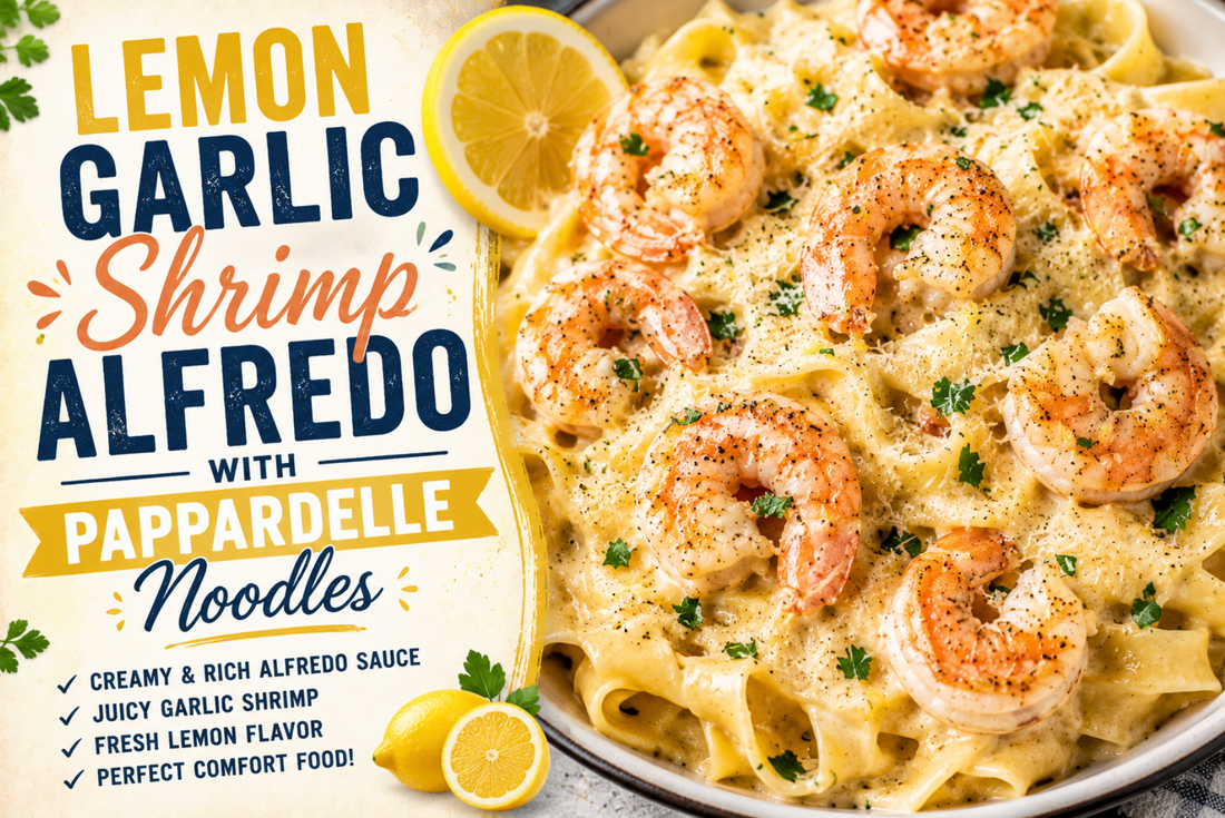 This Lemon Garlic Shrimp Alfredo with Pappardelle Noodles features juicy shrimp, fresh lemon, garlic, Parmesan, and a rich creamy Alfredo sauce for the perfect easy seafood pasta dinner.
