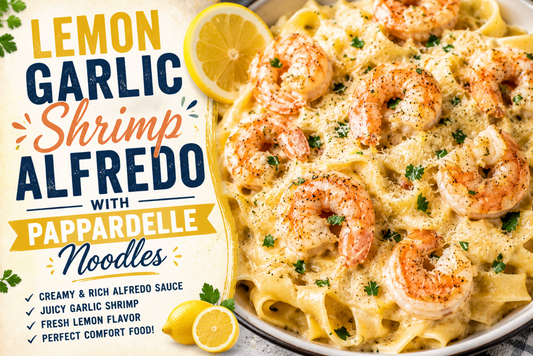 This Lemon Garlic Shrimp Alfredo with Pappardelle Noodles features juicy shrimp, fresh lemon, garlic, Parmesan, and a rich creamy Alfredo sauce for the perfect easy seafood pasta dinner.