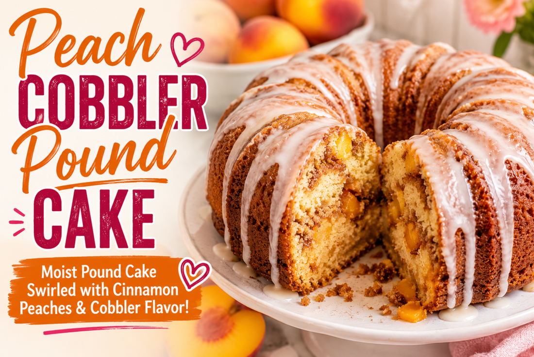 This Peach Cobbler Pound Cake features buttery pound cake, juicy cinnamon peaches, cobbler crumble topping, and sweet vanilla glaze for the ultimate Southern dessert.
