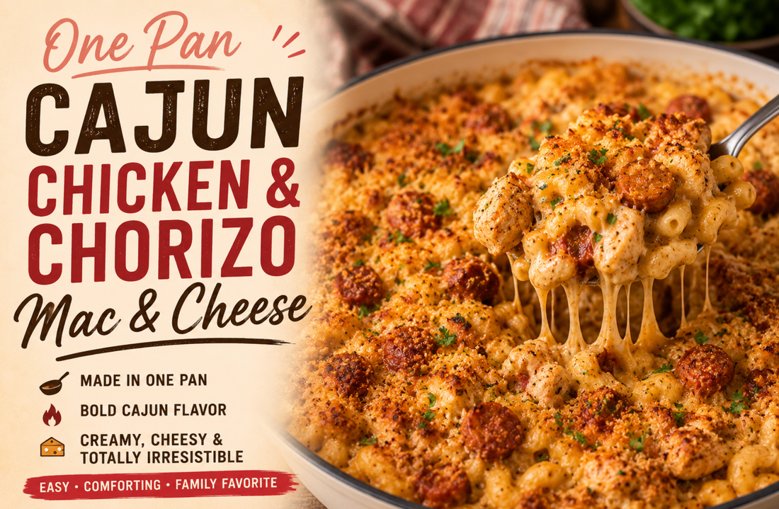 This One Pan Cajun Chicken &amp; Chorizo Mac &amp; Cheese is creamy, cheesy, smoky, and packed with bold Cajun flavor. An easy 40-minute dinner the whole family will love.