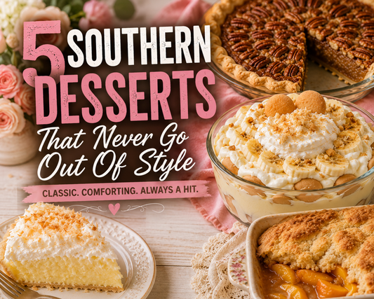 Enjoy 5 classic Southern desserts that never go out of style, including Peach Cobbler, Sweet Potato Pie, Banana Pudding, and more.