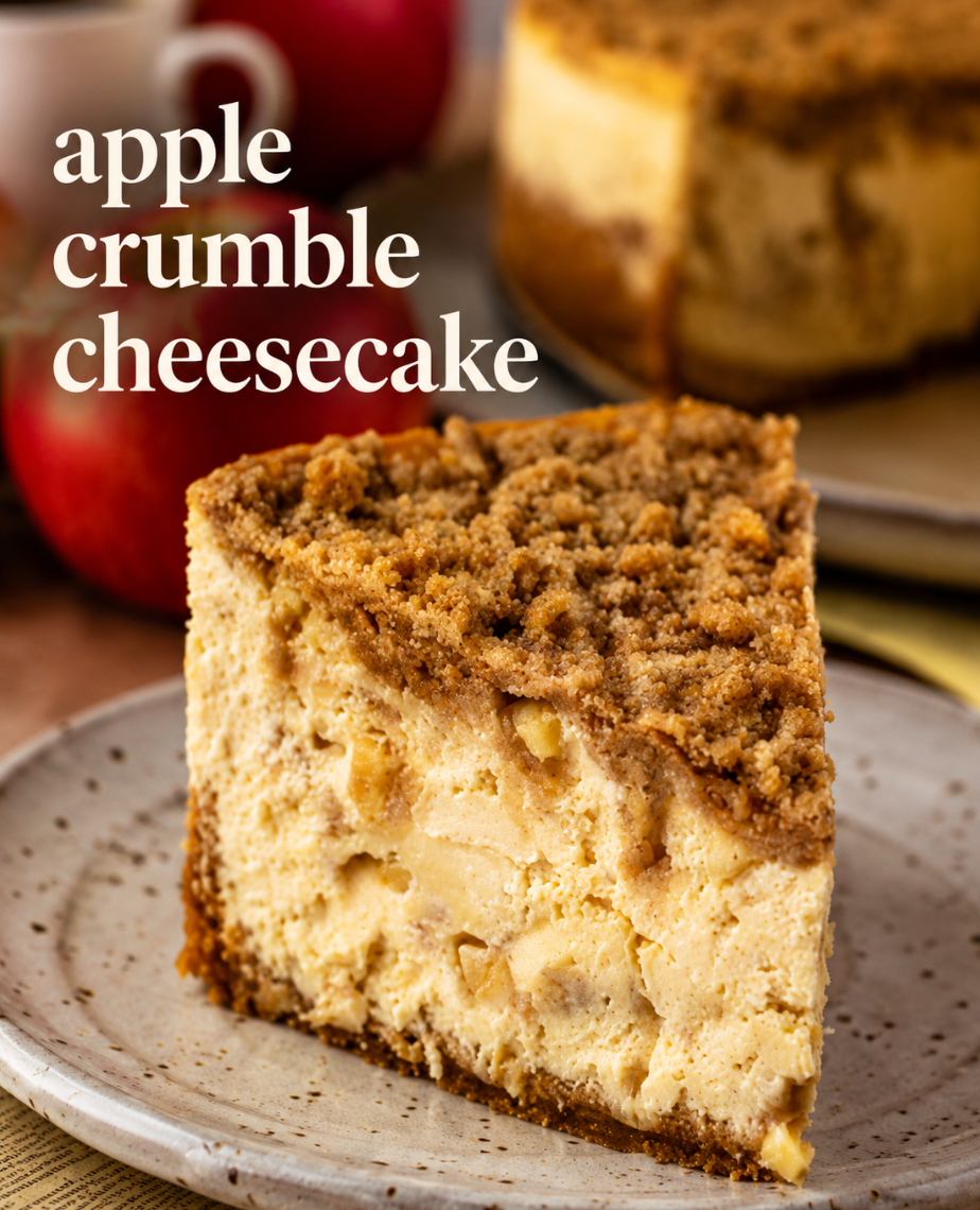 This Apple Crumble Cheesecake features a buttery graham cracker crust, creamy cinnamon cheesecake filling, tender apples, and a crunchy crumble topping. The ultimate fall dessert recipe.