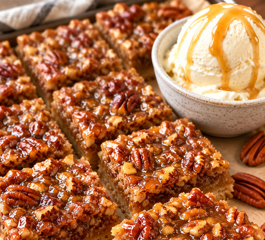 These gooey pecan pie bars feature a buttery cinnamon shortbread crust and rich honey pecan filling. An easy Southern dessert perfect for Thanksgiving, Christmas, and fall gatherings.