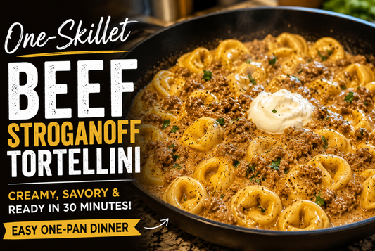 This One-Skillet Beef Stroganoff Tortellini combines tender cheese tortellini, seasoned ground beef, and a rich creamy stroganoff sauce for an easy family dinner ready in about 30 minutes.