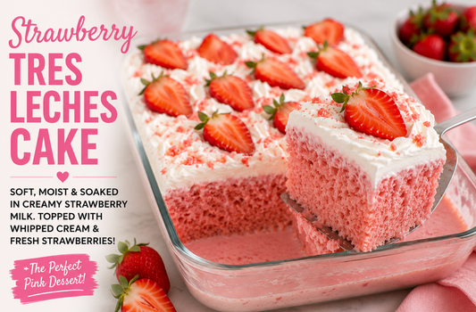 This Strawberry Tres Leches Cake is soft, moist, and soaked in a creamy strawberry milk mixture. Topped with whipped cream and fresh strawberries, it's the ultimate pink dessert recipe.