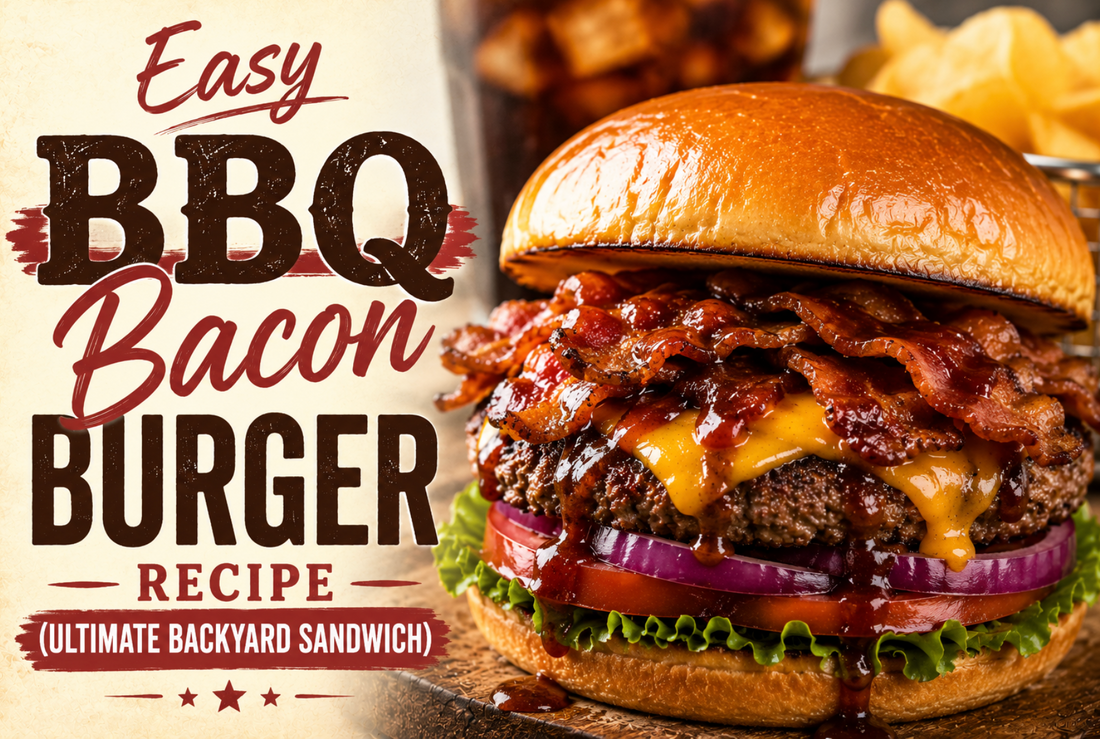 Learn how to make the best BBQ Bacon Burger with juicy beef, crispy bacon, melted cheddar cheese, barbecue sauce, and crispy onion rings. Perfect for cookouts and summer grilling.