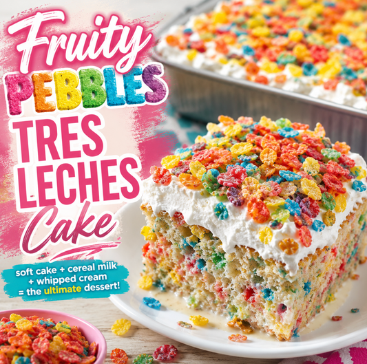 This Fruity Pebbles Tres Leches Cake is soft, colorful, and soaked in sweet cereal milk. Topped with whipped cream and Fruity Pebbles, it's the ultimate nostalgic dessert recipe.